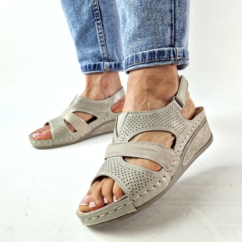 SA145 Szaro Złote Sandały Na koturnie Wyprofilowane (4).jpg